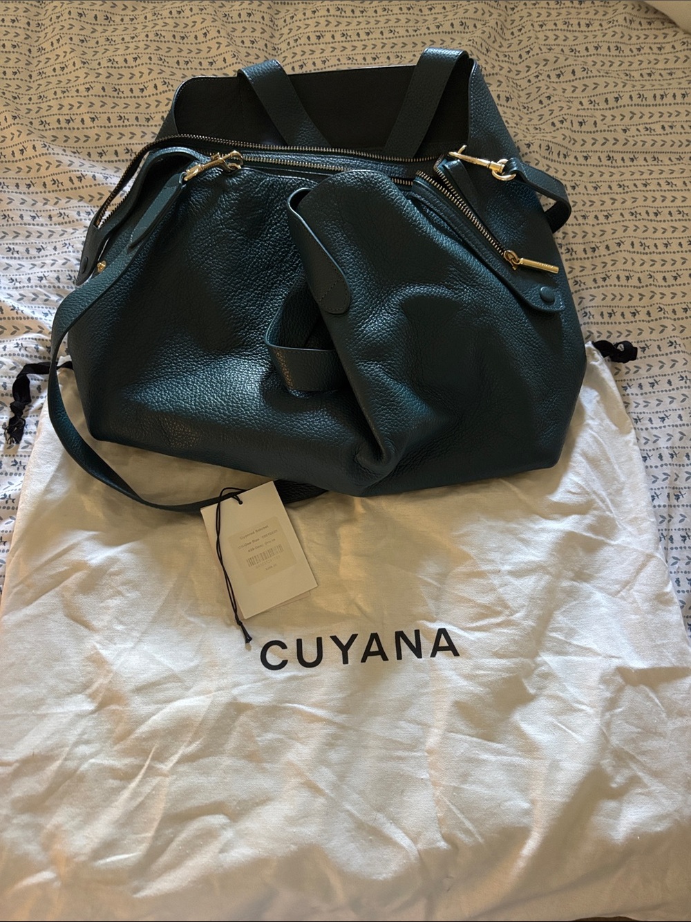 Cuyana Deep Teal Leather Tote with Gold Hardware
